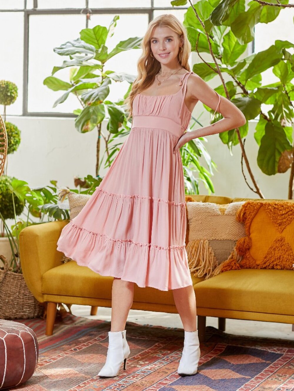 Pink‎ Midi Tiered Dress With Tie Shoulder Straps - Picture 2 of 6